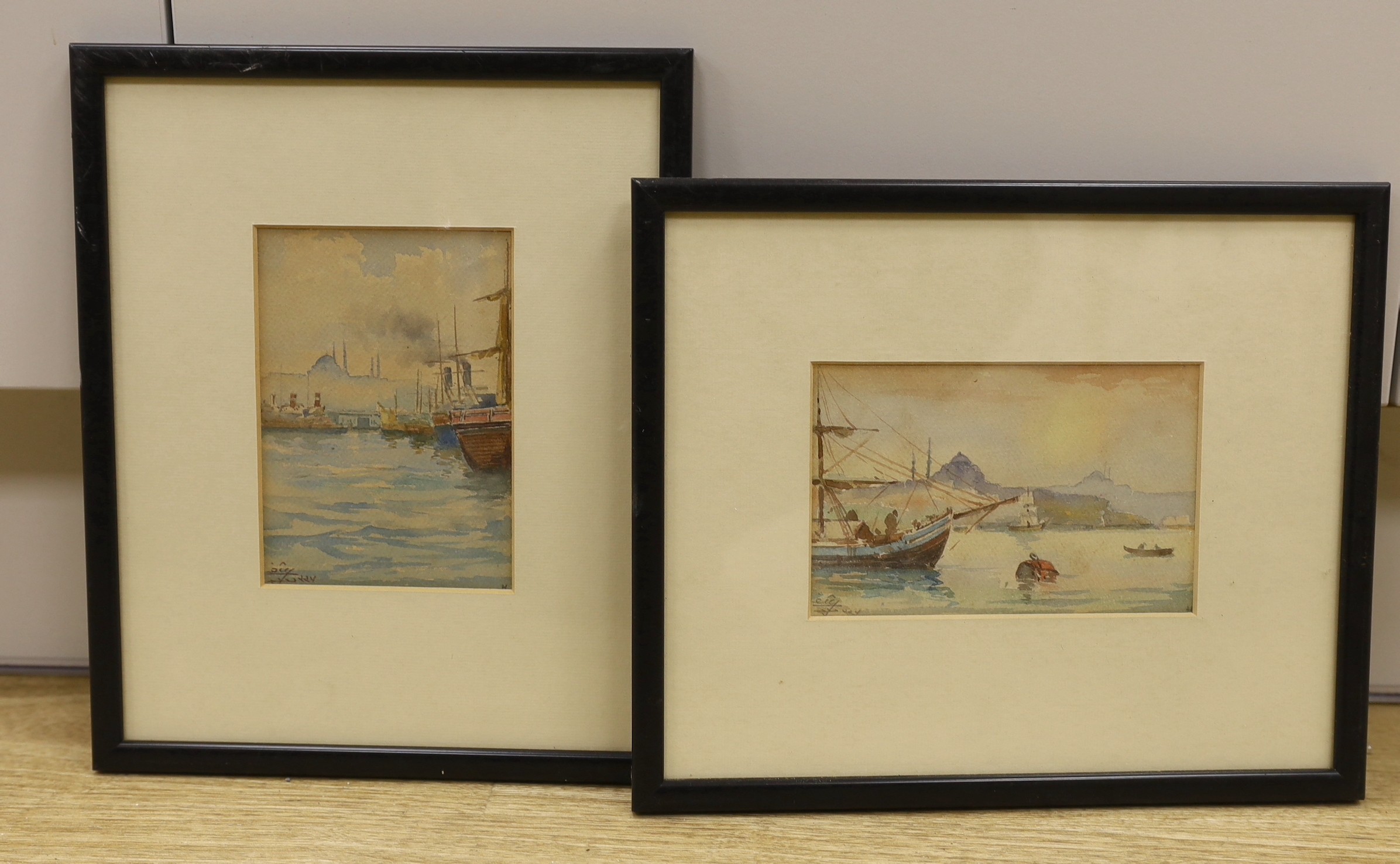 Turkish School, two watercolours, Views of Istanbul, indistinctly signed, 14 x 10cm and 10 x 15.5cm